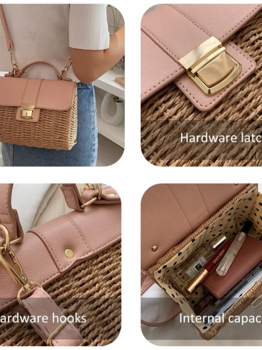 Small Straw Crossbody Bags for Women, Rattan Woven Top Handle Handbag Summer Bea - Picture 6 of 8